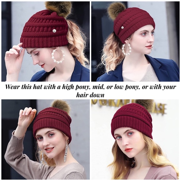 Red Knit Criss Cross Ponytail Pom Pom Beanie - Picture 3 of 15